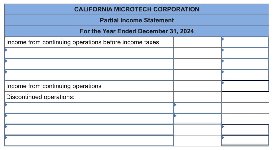 CALIFORNIA MICROTECH CORPORATION
Partial Income Statement
For the Year Ended December 31, 2024
Income from continuing operations before income taxes
Income from continuing operations
Discontinued operations: