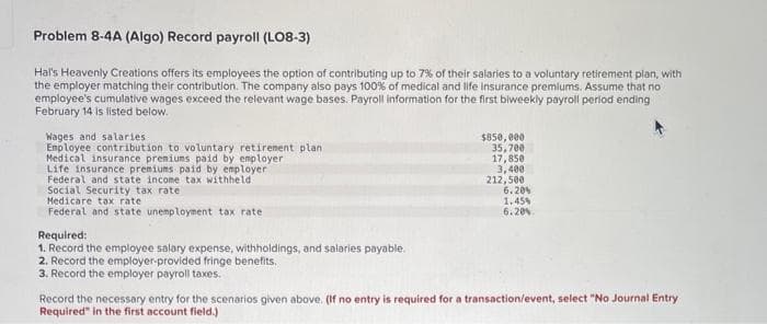 Problem 8-4A (Algo) Record payroll (LO8-3)
Hal's Heavenly Creations offers its employees the option of contributing up to 7% of their salaries to a voluntary retirement plan, with
the employer matching their contribution. The company also pays 100% of medical and life insurance premiums. Assume that no
employee's cumulative wages exceed the relevant wage bases. Payroll information for the first biweekly payroll period ending
February 14 is listed below.
Wages and salaries
Employee contribution to voluntary retirement plant
Medical insurance premiums paid by employer
Life insurance premiums paid by employer
Federal and state income tax withheld
Social Security tax rate:
Medicare tax rate
Federal and state unemployment tax rate
Required:
1. Record the employee salary expense, withholdings, and salaries payable.
2. Record the employer-provided fringe benefits.
3. Record the employer payroll taxes.
$850,000
35,700
17,850
3,400
212,500
6.20%
1.45%
6.20%
Record the necessary entry for the scenarios given above. (If no entry is required for a transaction/event, select "No Journal Entry
Required" in the first account field.)