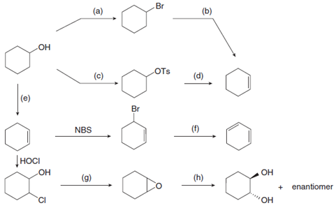 Br
(a)
OH
OTs
(c)
(d)
(e)
Br
NBS
(f)
Днос
ОН
ОН
(g)
(h)
enantiomer
Cl
Он
