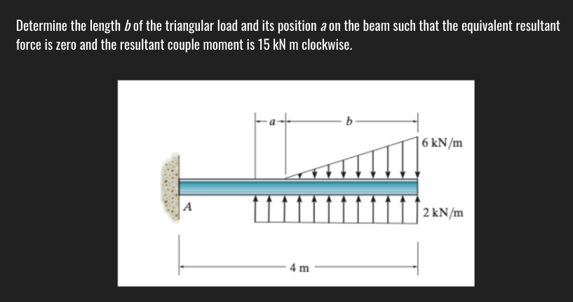 Determine the length b of the triangular load and its position a on the beam such that the equivalent resultant
force is zero and the resultant couple moment is 15 kN m clockwise.
| 6 kN/m
A
|2 kN/m
4 m
