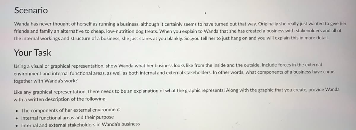 Scenario
Wanda has never thought of herself as running a business, although it certainly seems to have turned out that way. Originally she really just wanted to give her
friends and family an alternative to cheap, low-nutrition dog treats. When you explain to Wanda that she has created a business with stakeholders and all of
the internal workings and structure of a business, she just stares at you blankly. So, you tell her to just hang on and you will explain this in more detail.
Your Task
Using a visual or graphical representation, show Wanda what her business looks like from the inside and the outside. Include forces in the external
environment and internal functional areas, as well as both internal and external stakeholders. In other words, what components of a business have come
together with Wanda's work?
Like any graphical representation, there needs to be an explanation of what the graphic represents! Along with the graphic that you create, provide Wanda
with a written description of the following:
• The components of her external environment
• Internal functional areas and their purpose
• Internal and external stakeholders in Wanda's business
