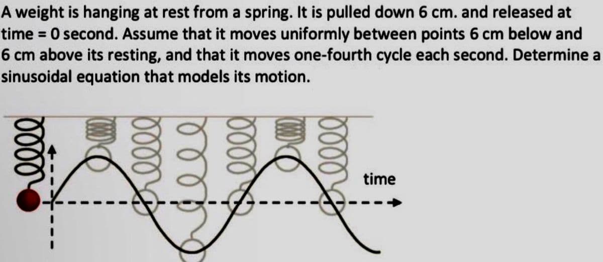 A weight is hanging at rest from a spring. It is pulled down 6 cm. and released at
time 0 second. Assume that it moves uniformly between points 6 cm below and
6 cm above its resting, and that it moves one-fourth cycle each second. Determine a
sinusoidal equation that models its motion.
time
00000
