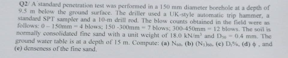 Q2/A standard penetration test was performed in a 150 mm diameter borehole at a depth of
9.5 m below the ground surface. The driller used a UK-style automatic trip hammer, a
standard SPT sampler and a 10-m drill rod. The blow counts obtained in the field were as
follows: 0-150mm = 4 blows: 150-300mm = 7 blows; 300-450mm = 12 blows. The soil is
normally consolidated fine sand with a unit weight of 18.0 kN/m³ and D50 = 0.4 mm. The
ground water table is at a depth of 15 m. Compute: (a) N60, (b) (N1)60, (c) D.%, (d) , and
(e) denseness of the fine sand.
