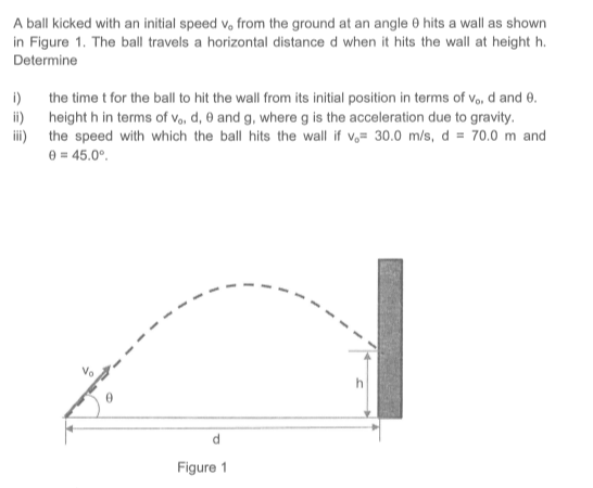 A ball kicked with an initial speed v, from the ground at an angle 0 hits a wall as shown
in Figure 1. The ball travels a horizontal distance d when it hits the wall at height h.
Determine
the time t for the ball to hit the wall from its initial position in terms of vo, d and 0.
i)
height h in terms of vo, d, 0 and g, where g is the acceleration due to gravity.
ii)
iii) the speed with which the ball hits the wall if v,= 30.0 m/s, d = 70.0 m and
e = 45.0°.
Figure 1
