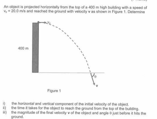 An object is projected horizontally from the top of a 400 m high building with a speed of
Vo = 20.0 m/s and reached the ground with velocity v as shown in Figure 1. Determine
400 m
Figure 1
the horizontal and vertical component of the initial velocity of the object.
ii) the time it takes for the object to reach the ground from the top of the building.
ii) the magnitude of the final velocity v of the object and angle 0 just before it hits the
ground.
i)
