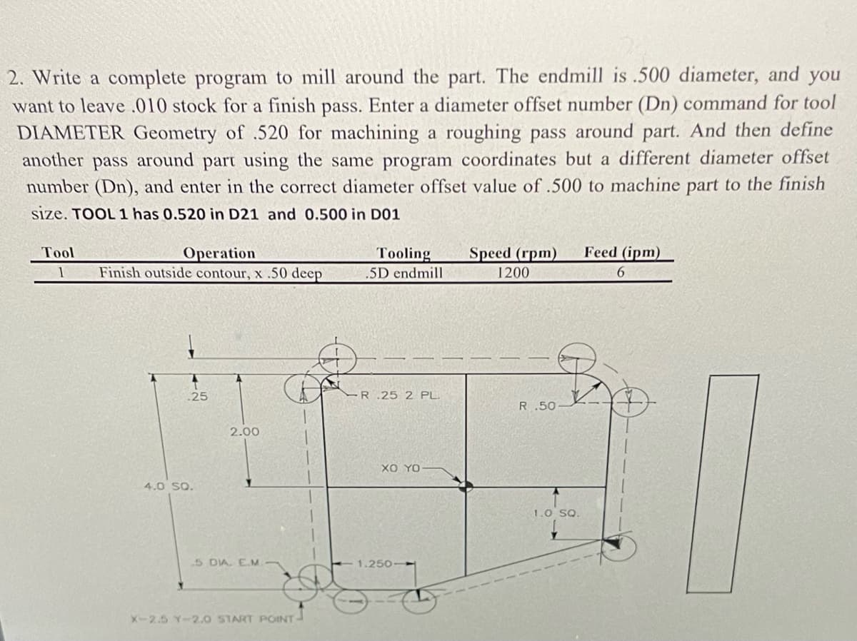 2. Write a complete program to mill around the part. The endmill is .500 diameter, and you
want to leave .010 stock for a finish pass. Enter a diameter offset number (Dn) command for tool
DIAMETER Geometry of .520 for machining a roughing pass around part. And then define
another pass around part using the same program coordinates but a different diameter offset
number (Dn), and enter in the correct diameter offset value of .500 to machine part to the finish
size. TOOL 1 has 0.520 in D21 and 0.500 in D01
Tool
Speed (rpm)
Feed (ipm)
Operation
Finish outside contour, x .50 deep
Tooling
1
.5D endmill
1200
6.
25
R.25 2 PL.
R .50
2.00
XO YO
4.0 SO.
1.0 SQ.
5 DA. EM
1.250-
X-2.5 Y-2.0 START POINT
