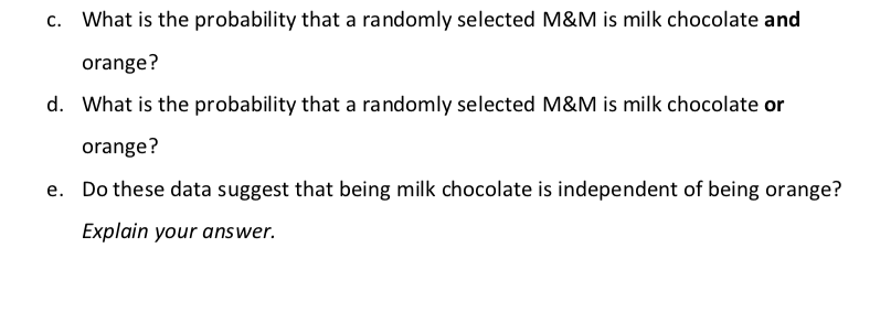 What is the probability that a randomly selected M&M is milk chocolate and
orange?
What is the probability that a randomly selected M&M is milk chocolate or
orange?
Do these data suggest that being milk chocolate is independent of being orange?
Explain your answer.
