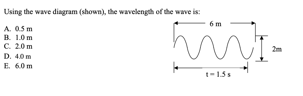 Using the wave diagram (shown), the wavelength of the wave is:
6 m
A. 0.5 m
B. 1.0 m
C. 2.0 m
2m
D. 4.0 m
E. 6.0 m
t= 1.5 s
