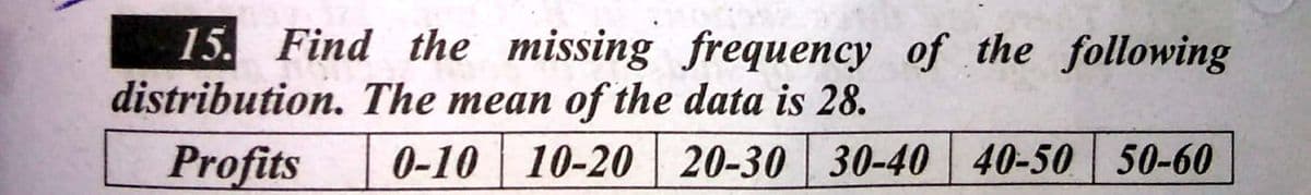 15. Find the missing frequency of the following
distribution. The mean of the data is 28.
Profits
0-10 10-20 20-30 30-40 40-50 50-60