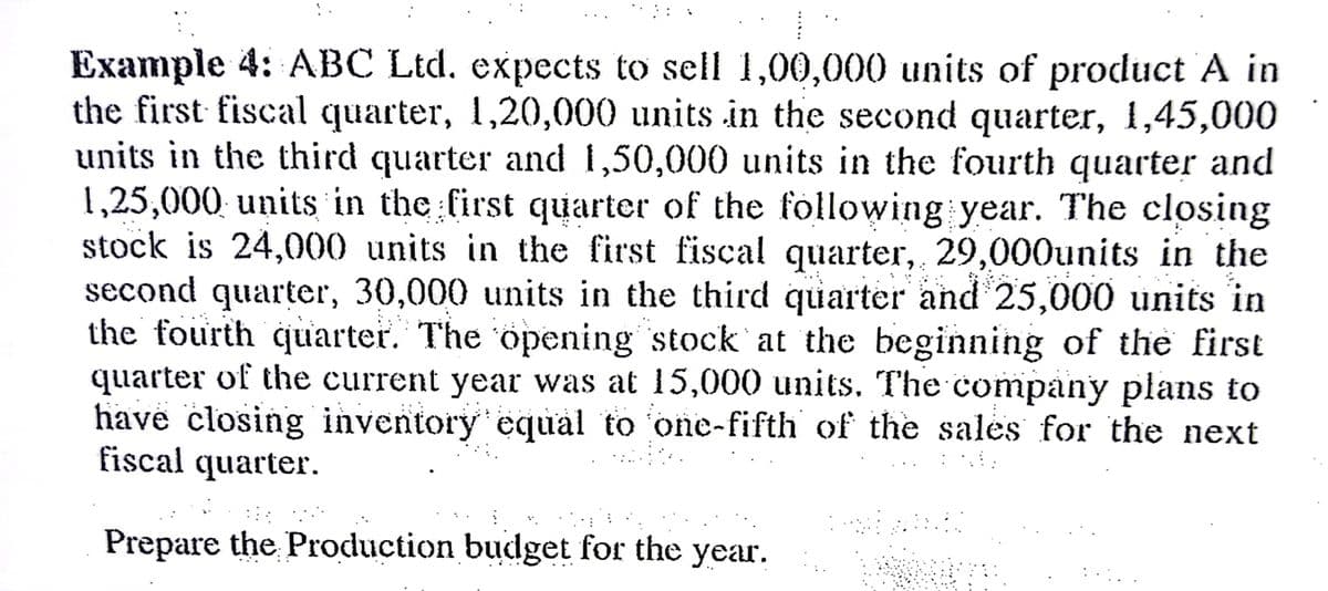 Example 4: ABC Ltd. expects to sell 1,00,000 units of product A in
the first fiscal quarter, 1,20,000 units in the second quarter, 1,45,000
units in the third quarter and 1,50,000 units in the fourth quarter and
1,25,000 units in the first quarter of the following year. The closing
stock is 24,000 units in the first fiscal quarter, 29,000units in the
second quarter, 30,000 units in the third quarter and 25,000 units in
the fourth quarter. The opening stock at the beginning of the first
quarter of the current year was at 15,000 units. The company plans to
have closing inventory equal to 'one-fifth of the sales for the next
fiscal quarter.
Prepare the Production budget for the year.
