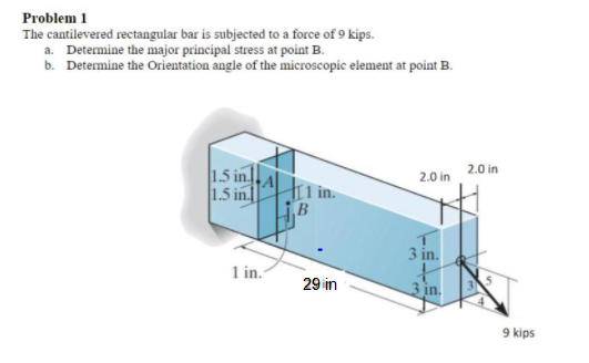 Problem 1
The cantilevered rectangular bar is subjected to a force of 9 kips.
a. Determine the major principal stress at point B.
b. Determine the Orientation angle of the microscopic element at point B.
1.5 in.
1.5 in.
2.0 in
2.0 in
t in.
3 in.
1 in.-
29 in
3 in.
9 kips
