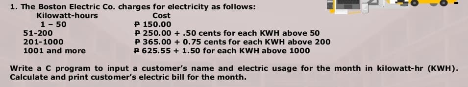 1. The Boston Electric Co. charges for electricity as follows:
Kilowatt-hours
Cost
P 150.00
P 250.00 + .50 cents for each KWH above 50
P 365.00 + 0.75 cents for each KWH above 200
P 625.55 + 1.50 for each KWH above 1000
1- 50
51-200
201-1000
1001 and more
Write a C program to input a customer's name and electric usage for the month in kilowatt-hr (KWH).
Calculate and print customer's electric bill for the month.
