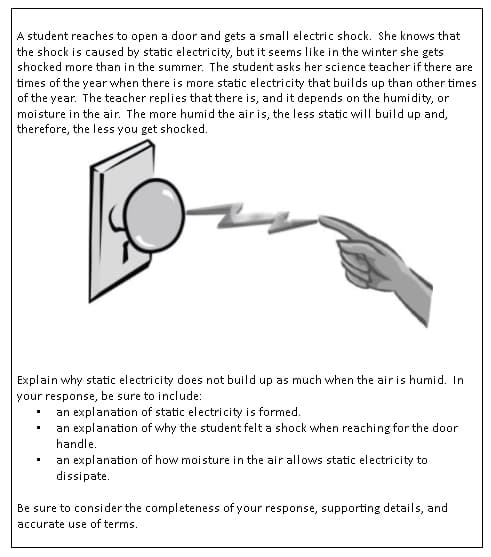 A student reaches to open a door and gets a small electric shock. She knows that
the shock is caused by static electricity, but it seems like in the winter she gets
shocked more than in the summer. The student asks her science teacher if there are
times of the year when there is more static electricity that builds up than other times
of the year. The teacher replies that there is, and it depends on the humidity, or
moisture in the air. The more humid the air is, the less static will build up and,
therefore, the less you get shocked.
Explain why static electricity does not build up as much when the air is humid. In
your response, be sure to include:
an explanation of static electricity is formed.
an explanation of why the student felt a shock when reaching for the door
handle.
an explanation of how moisture in the air allows static electricity to
dissipate.
Be sure to consider the completeness of your response, supporting details, and
accurate use of terms.
