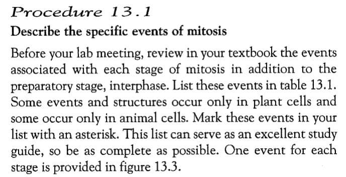 Procedure 13.1
Describe the specific events of mitosis
Before your lab meeting, review in your textbook the events
associated with each stage of mitosis in addition to the
preparatory stage, interphase. List these events in table 13.1.
Some events and structures occur only in plant cells and
some occur only in animal cells. Mark these events in your
list with an asterisk. This list can serve as an excellent study
guide, so be as complete as possible. One event for each
stage is provided in figure 13.3.
