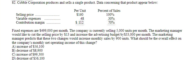 82. Cobble Corporation produces and sells a single product. Data concerning that product appear below:
Per Unit
$160
Percent of Sales
100%
Selling price
Variable expenses
Contribution margin
48
30%
$ 112
70%
Fixed expenses are $499,000 per month. The company is currently selling 5,000 units per month. The marketing manager
would like to cut the selling price by $13 and increase the advertising budget by $33,000 per month. The marketing
manager predicts that these two changes would increase monthly sales by 900 units. What should be the overall effect on
the company's monthly net operating income of this change?
A) increase of $56,100
B) decrease of $8,900
C) increase of $99,300
D) decrease of $56,100