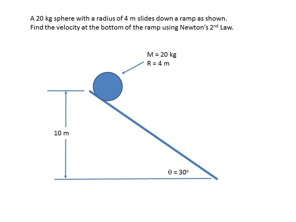 A 20 kg sphere with a radius of 4 m slides down a ramp as shown.
Find the velocity at the bottom of the ramp using Newton's 2nd Law.
M = 20 kg
R = 4 m
10 m
e = 30°
