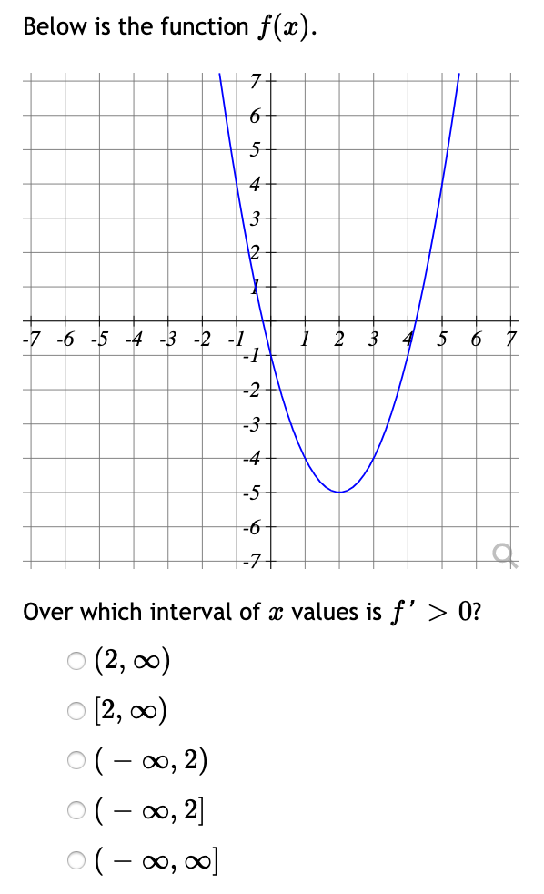 Below is the function f(x).
7+
5-
4
3-
-7 -6 -5 -4 -3 -2 -1
-1
2
3
5
6
-3
-4
-5
-6-
-7+
Over which interval of x values is f' > 0?
о (2, о0)
O [2, 0)
ㅇ(-8,2)
ㅇ(-8,2)
0(- 0, 0]
2.

