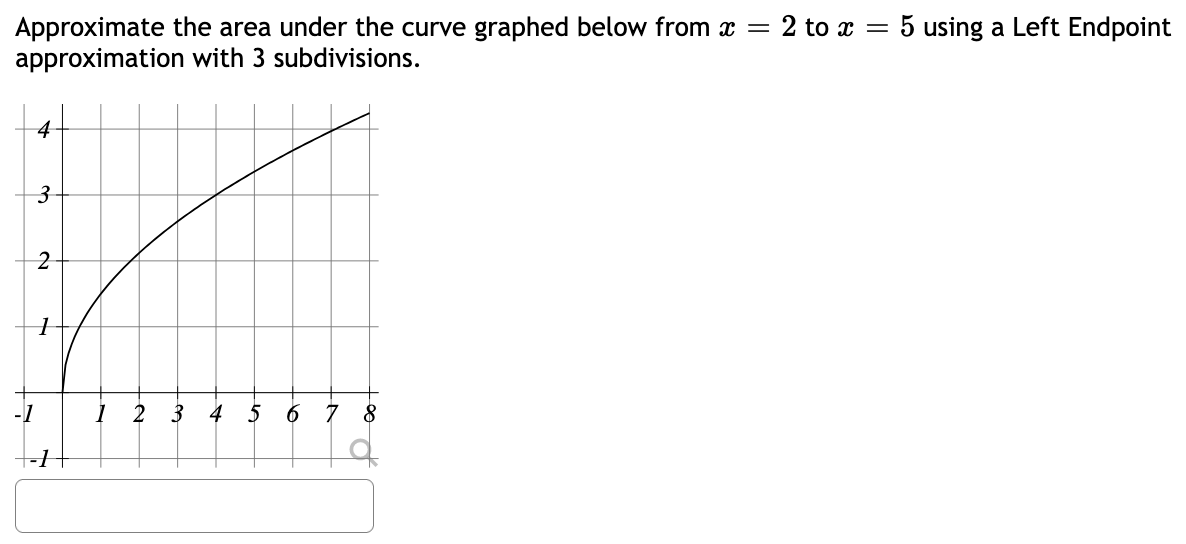 Approximate the area under the curve graphed below from x = 2 to x = 5 using a Left Endpoint
approximation with 3 subdivisions.
4
2
-1
2
3
4
7 8
+-H
