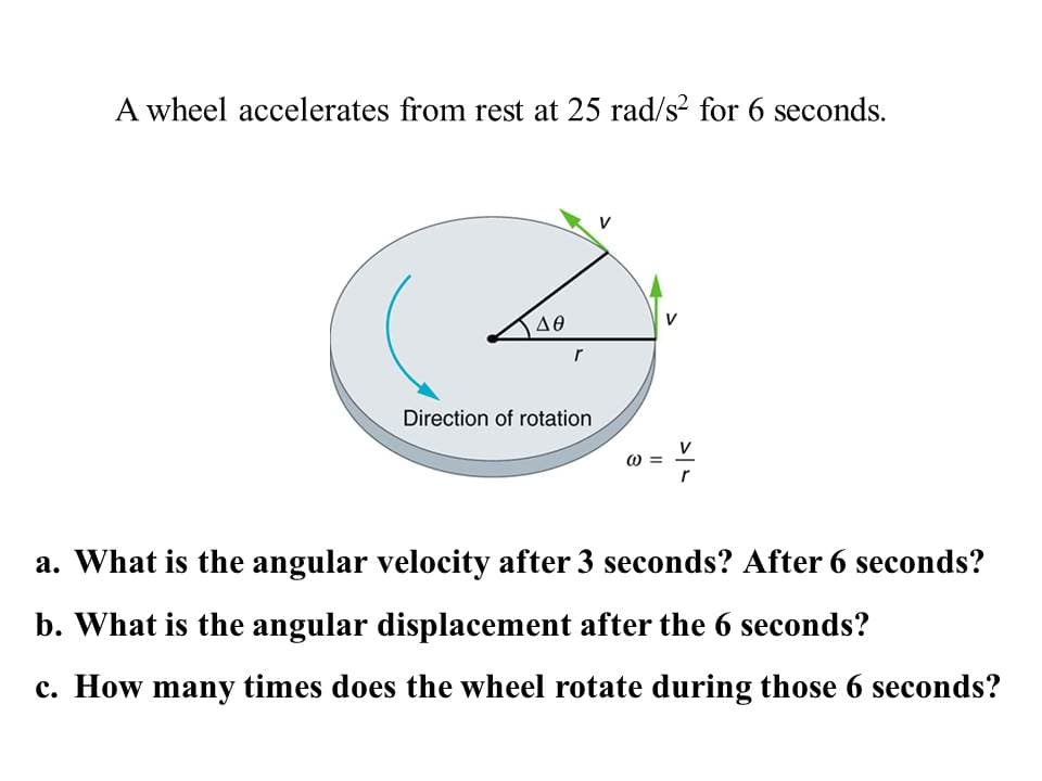 A wheel accelerates from rest at 25 rad/s? for 6 seconds.
V
40
Direction of rotation
a. What is the angular velocity after 3 seconds? After 6 seconds?
b. What is the angular displacement after the 6 seconds?
c. How many times does the wheel rotate during those 6 seconds?
3
