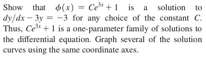 Ce* + 1 is
3x
=
dy/dx – 3y = -3 for any choice of the constant C.
Thus, Ce* +1 is a one-parameter family of solutions to
the differential equation. Graph several of the solution
Show that
$(x)
solution
to
a
curves using the same coordinate axes.
