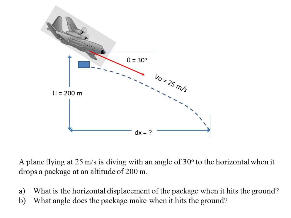 0 = 30°
Vo = 25 m/s
H = 200 m
dx = ?
A plane flying at 25 m/s is diving with an angle of 30° to the horizontal when it
drops a package at an altitude of 200 m.
a) What is the horizontal displacement of the package when it hits the ground?
b) What angle does the package make when it hits the ground?
