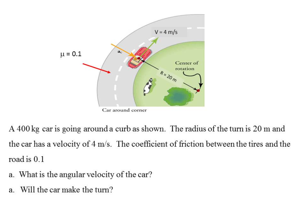 V = 4 m/s
ac
µ = 0.1
Center of
rotation
R = 20 m
Car around corner
A 400 kg car is going around a curb as shown. The radius of the turn is 20 m and
the car has a velocity of 4 m/s. The coefficient of friction between the tires and the
road is 0.1
a. What is the angular velocity of the car?
a. Will the car make the turn?
