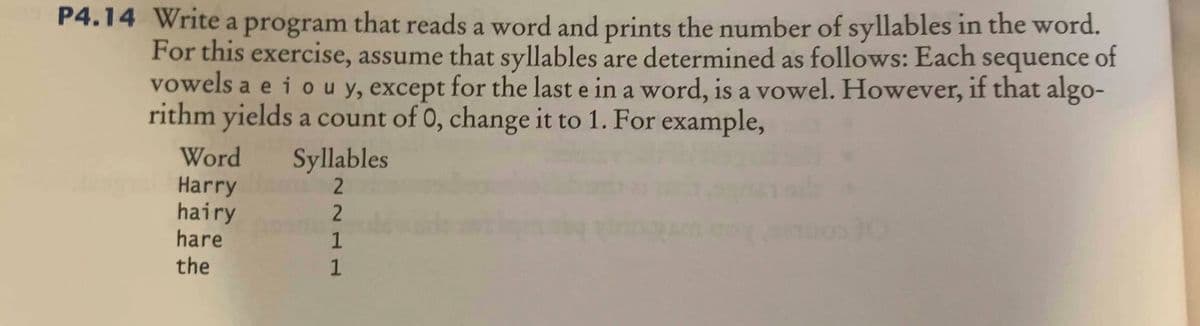 P4.14 Write a program that reads a word and prints the number of syllables in the word.
For this exercise, assume that syllables are determined as follows: Each sequence of
vowels a e i o u y, except for the last e in a word, is a vowel. However, if that algo-
rithm yields a count of 0, change it to 1. For example,
Word
Syllables
2
Harry
hairy
hare
the
1
