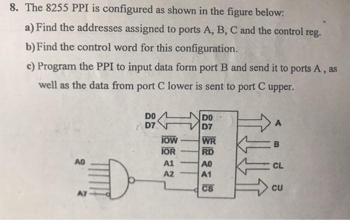 8. The 8255 PPI is configured as shown in the figure below:
a) Find the addresses assigned to ports A, B, C and the control reg.
b) Find the control word for this configuration.
c) Program the PPI to input data form port B and send it to ports A, as
well as the data from port C lower is sent to port C upper.
男金
DO
DO
D7
D7
A
IOW
IOR
WR
RD
AO
D-
A1
A0
CL
A2
A1
C8
CU
A7
