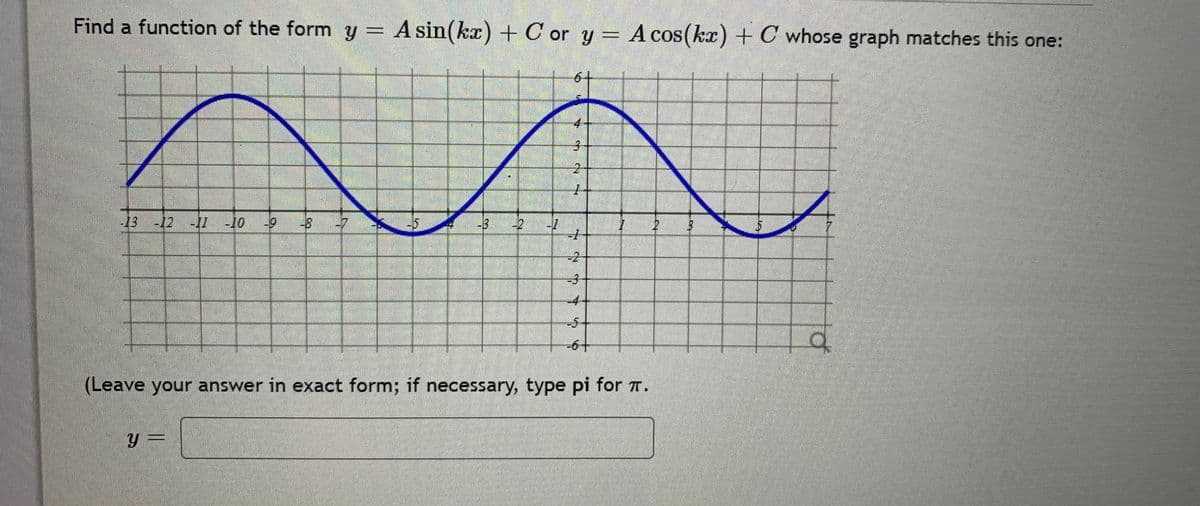Find a function of the form y = A sin(kx) + C or y = A cos(kx) + C whose graph matches this one:
6-
4
13 -12 1I -10
-9
-3
-2
-2-
-4-
--5
-+9-
(Leave your answer in exact form; if necessary, type pi for 7.
山人 dN
