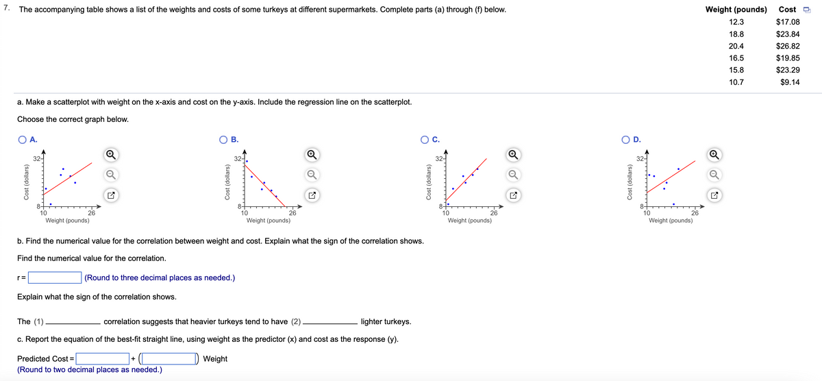 7.
The accompanying table shows a list of the weights and costs of some turkeys at different supermarkets. Complete parts (a) through (f) below.
a. Make a scatterplot with weight on the x-axis and cost on the y-axis. Include the regression line on the scatterplot.
Choose the correct graph below.
O A.
Cost (dollars)
32-
r=
8-
10
26
Weight (pounds)
✓
Explain what the sign of the correlation shows.
B.
(Round to three decimal places as needed.)
32-
Predicted Cost =
(Round to two decimal places as needed.)
b. Find the numerical value for the correlation between weight and cost. Explain what the sign of the correlation shows.
Find the numerical value for the correlation.
+
10
26
Weight (pounds)
The (1)
correlation suggests that heavier turkeys tend to have (2)
lighter turkeys.
c. Report the equation of the best-fit straight line, using weight as the predictor (x) and cost as the response (y).
Weight
O C.
32-
8-
10
26
Weight (pounds)
O D.
32-
8-
10
26
Weight (pounds)
Weight (pounds) Cost
$17.08
$23.84
$26.82
$19.85
$23.29
$9.14
12.3
18.8
20.4
16.5
15.8
10.7
0
