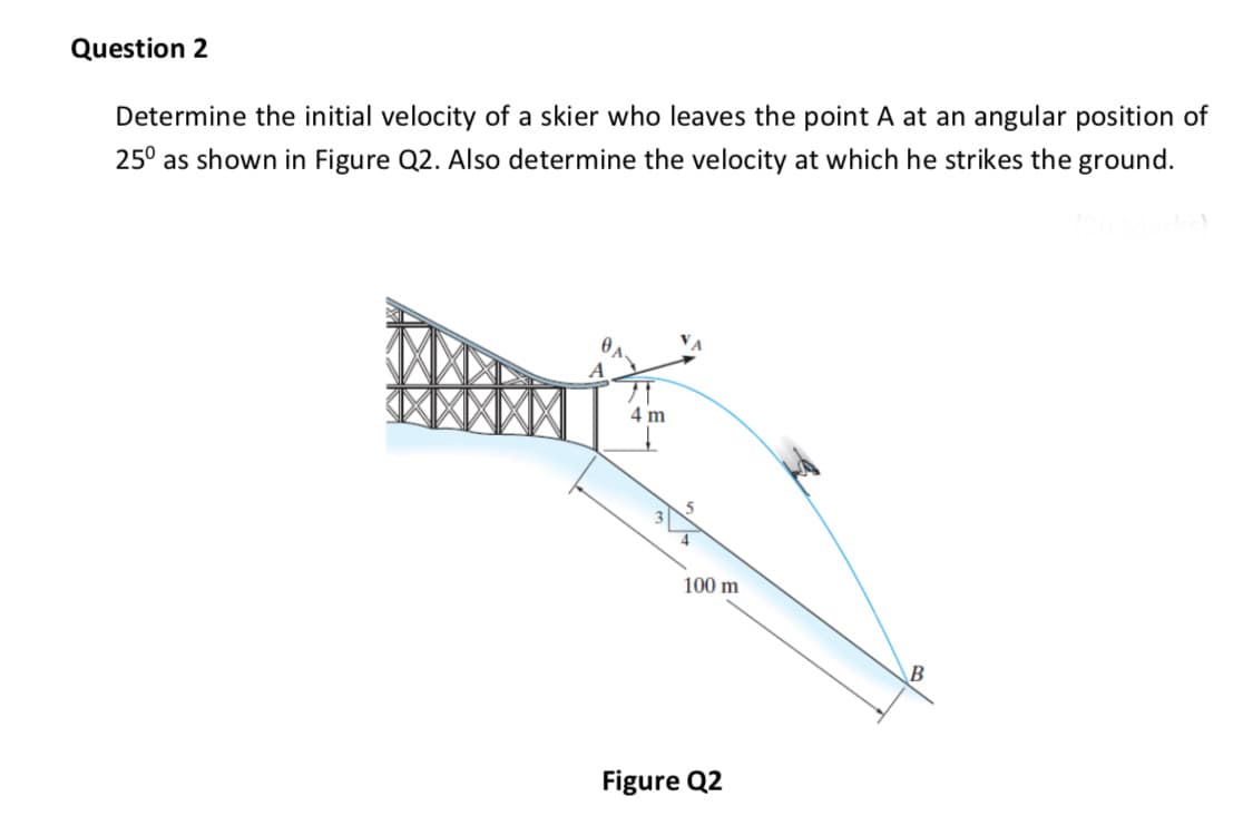 Determine the initial velocity of a skier who leaves the point A at an angular position of
25° as shown in Figure Q2. Also determine the velocity at which he strikes the ground.
4 m
