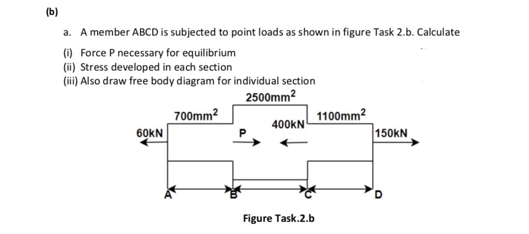 (b)
a. A member ABCD is subjected to point loads as shown in figure Task 2.b. Calculate
(i) Force P necessary for equilibrium
(ii) Stress developed in each section
(iii) Also draw free body diagram for individual section
2500mm?
700mm2
1100mm2
400KN
60KN
150KN
Figure Task.2.b
