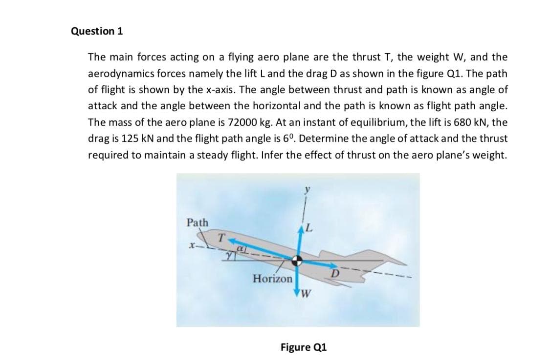 drag is 125 kN and the flight path angle is 6°. Determine the angle of attack and the thrust
required to maintain a steady flight. Infer the effect of thrust on the aero plane's weight.
