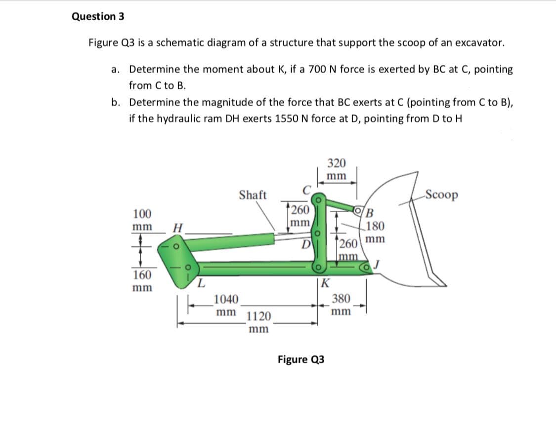 Figure Q3 is a schematic diagram of a structure that support the scoop of an excavator.
a. Determine the moment about K, if a 700N force is exerted by BC at C, pointing
from C to B.
b. Determine the magnitude of the force that BC exerts at C (pointing from C to B),
if the hydraulic ram DH exerts 1550 N force at D, pointing from D to H
