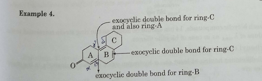 Example 4.
exocyclic double bond for ring-C
and also ring-A
C
A B
exocyclic double bond for ring-C
exocyclic double bond for ring-B
