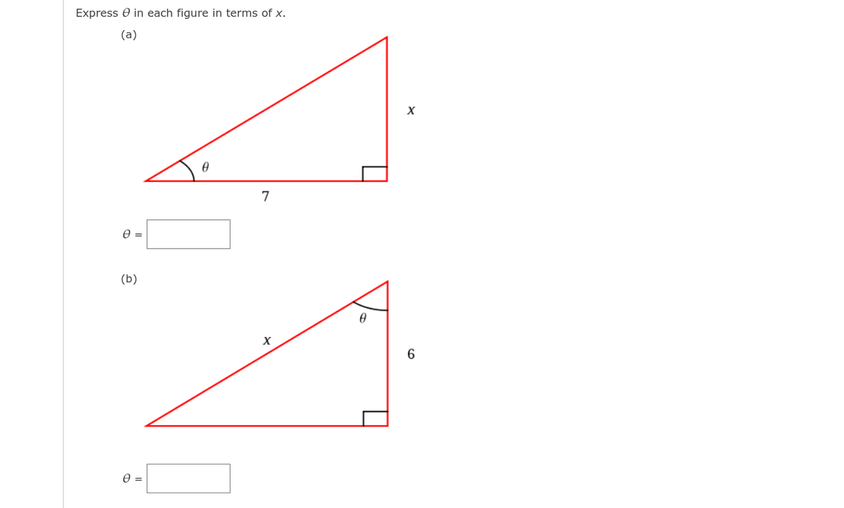 Express e in each figure in terms of x.
(a)
7
(b)
6
e =
