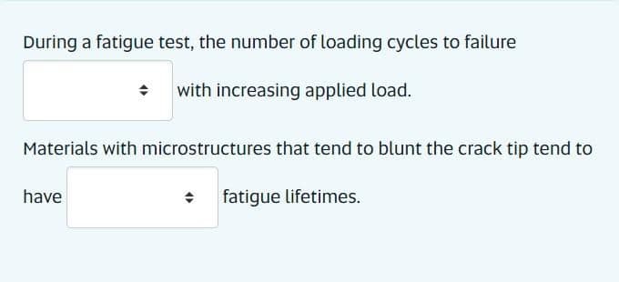 During a fatigue test, the number of loading cycles to failure
with increasing applied load.
Materials with microstructures that tend to blunt the crack tip tend to
have
fatigue lifetimes.
