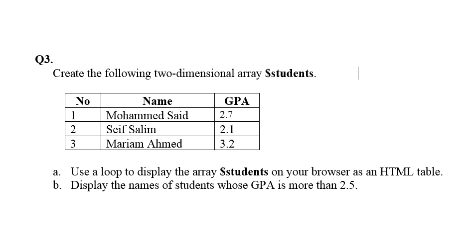 Q3.
Create the following two-dimensional array $students.
No
Name
GPA
1
Mohammed Said
2.7
2
Seif Salim
2.1
3
Mariam Ahmed
3.2
a. Use a loop to display the array $students on your browser as an HTML table.
b. Display the names of students whose GPA is more than 2.5.
