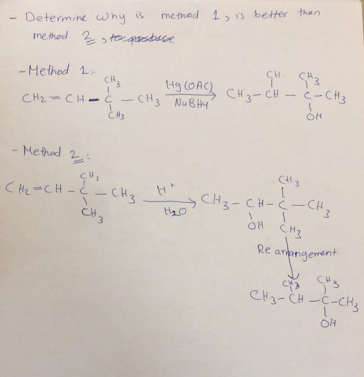 method 1 is better than
Determine why is
methed 2 s teos gpooduce
CH.
CH.
- Method 1:-
Hg (OAC} CH3-CH
CH3
- CH3 NuBHy
c-CH3
CH2=CH - c
CH3
- Methad 2:
C Hz=CH-ċ- CHz
CHz-CH-Ċ-CH
OH CH3
CH.
artangement
Re
C3 CH3
CH3- CH-C-CH3
OH
