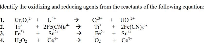 Identify the oxidizing and reducing agents from the reactants of the following equation:
1.
Cr20,2 +
U4+
+ 2Fe(CN)6+ →
Sn2+
Ce+
Cr+
Tit
Fe2+
O2
UO 2+
+ 2Fe(CN)6-
Sn++
+ Ce3+
+
2.
Ti+
3.
Fe3+
4.
H2O2
+
