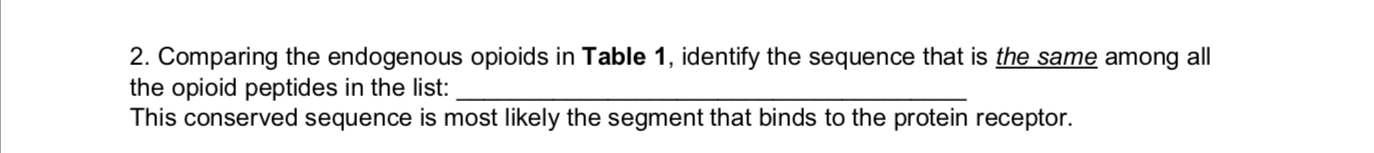 2. Comparing the endogenous opioids in Table 1, identify the sequence that is the same among all
the opioid peptides in the list
This conserved sequence is most likely the segment that binds to the protein receptor
