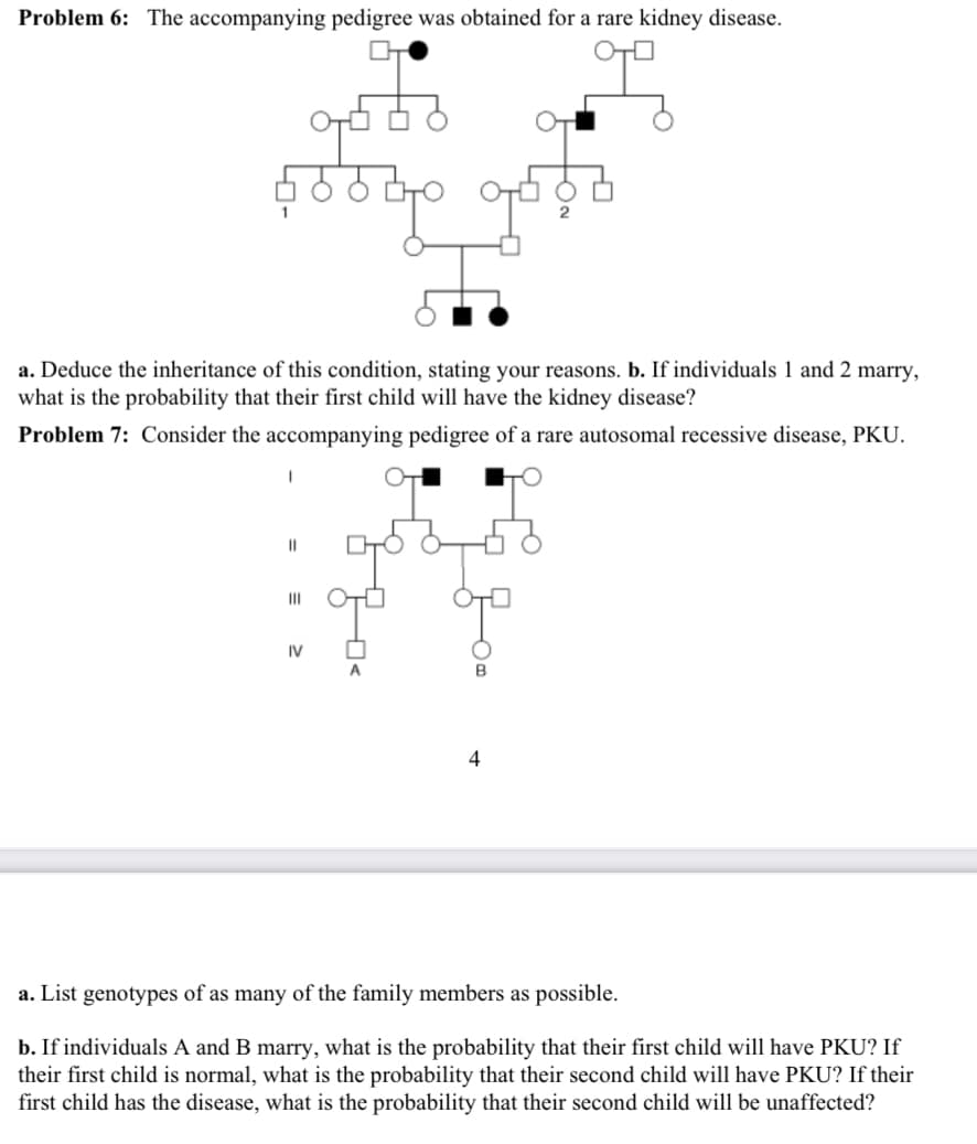 Problem 6: The accompanying pedigree was obtained for a rare kidney disease.
$ 8 8 00
a. Deduce the inheritance of this condition, stating your reasons. b. If individuals 1 and 2 marry,
what is the probability that their first child will have the kidney disease?
Problem 7: Consider the accompanying pedigree of a rare autosomal recessive disease, PKU.
11
III
IV
B
4
a. List genotypes of as many of the family members as possible.
b. If individuals A and B marry, what is the probability that their first child will have PKU? If
their first child is normal, what is the probability that their second child will have PKU? If their
first child has the disease, what is the probability that their second child will be unaffected?