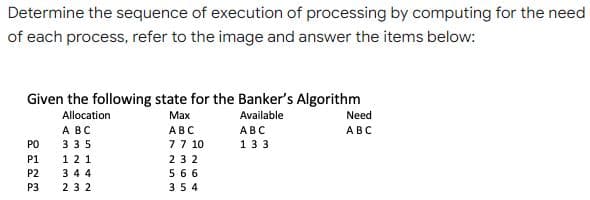 Determine the sequence of execution of processing by computing for the need
of each process, refer to the image and answer the items below:
Given the following state for the Banker's Algorithm
Allocation
Max
Available
Need
A BC
ABC
ABC
ABC
PO
335
7 7 10
133
P1
121
232
P2
344
566
P3 232
354