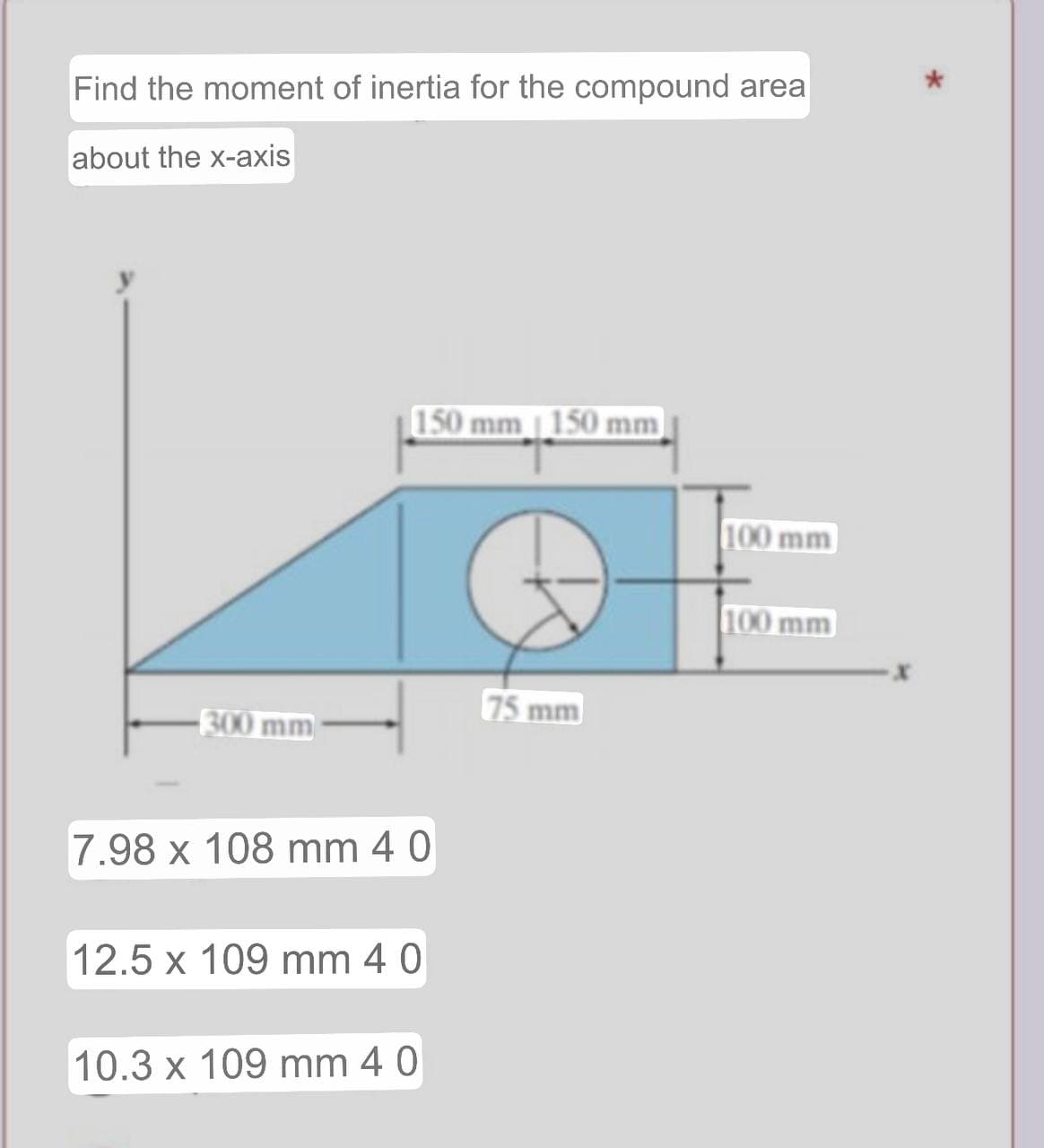 Find the moment of inertia for the compound area
about the x-axis
-300 mm
150 mm 150 mm
7.98 x 108 mm 40
12.5 x 109 mm 40
10.3 x 109 mm 40
75 mm
100 mm
100 mm