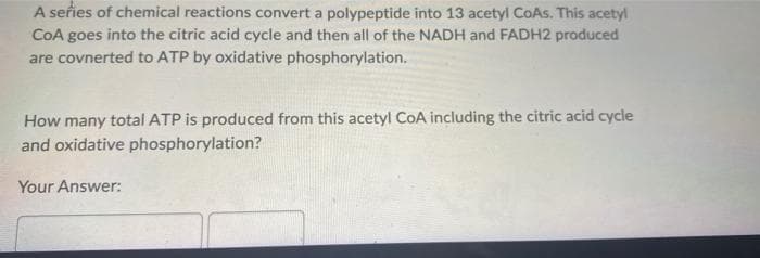 A series of chemical reactions convert a polypeptide into 13 acetyl CoAs. This acetyl
COA goes into the citric acid cycle and then all of the NADH and FADH2 produced
are covnerted to ATP by oxidative phosphorylation.
How many total ATP is produced from this acetyl COA including the citric acid cycle
and oxidative phosphorylation?
Your Answer:
