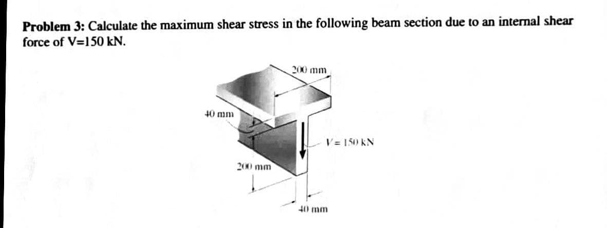 Problem 3: Calculate the maximum shear stress in the following beam section due to an internal shear
force of V=150 kN.
200 mm
40 mm
V = 150 kN
200 mm
40 mm
