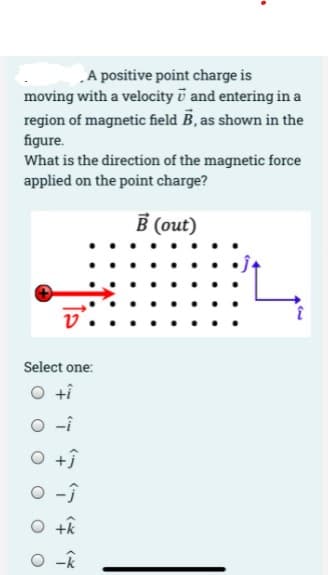 A positive point charge is
moving with a velocity i and entering in a
region of magnetic field B, as shown in the
figure.
What is the direction of the magnetic force
applied on the point charge?
B (out)
Select one:
O ti
O -î
*>
