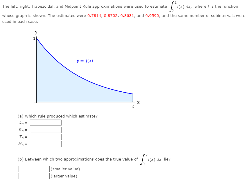 The left, right, Trapezoidal, and Midpoint Rule approximations were used to estimate
f(x) dx, where fis the function
whose graph is shown. The estimates were 0.7814, 0.8702, 0.8631, and 0.9590, and the same number of subintervals were
used in each case.
y
y = f(x)
X
(a) Which rule produced which estimate?
Ln =
Rn =
Tn =
Mn =
(b) Between which two approximations does the true value of
f(x) dx lie?
|(smaller value)
| (larger value)
2.
