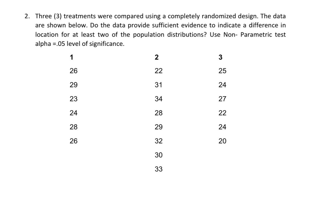 2. Three (3) treatments were compared using a completely randomized design. The data
are shown below. Do the data provide sufficient evidence to indicate a difference in
location for at least two of the population distributions? Use Non- Parametric test
alpha =.05 level of significance.
1
26
29
23
24
28
26
2
22
31
34
28
29
32
30
33
3
25
24
27
22
24
20