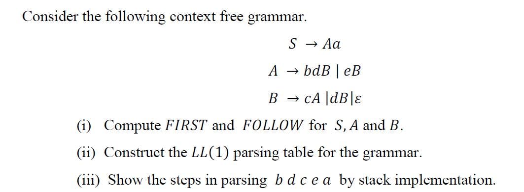 Consider the following context free grammar.
A
bdB | eB
B → CA |dB |ε
Compute FIRST and FOLLOW for S, A and B.
(ii) Construct the LL(1) parsing table for the grammar.
(iii) Show the steps in parsing bd ce a by stack implementation.
S → Aa